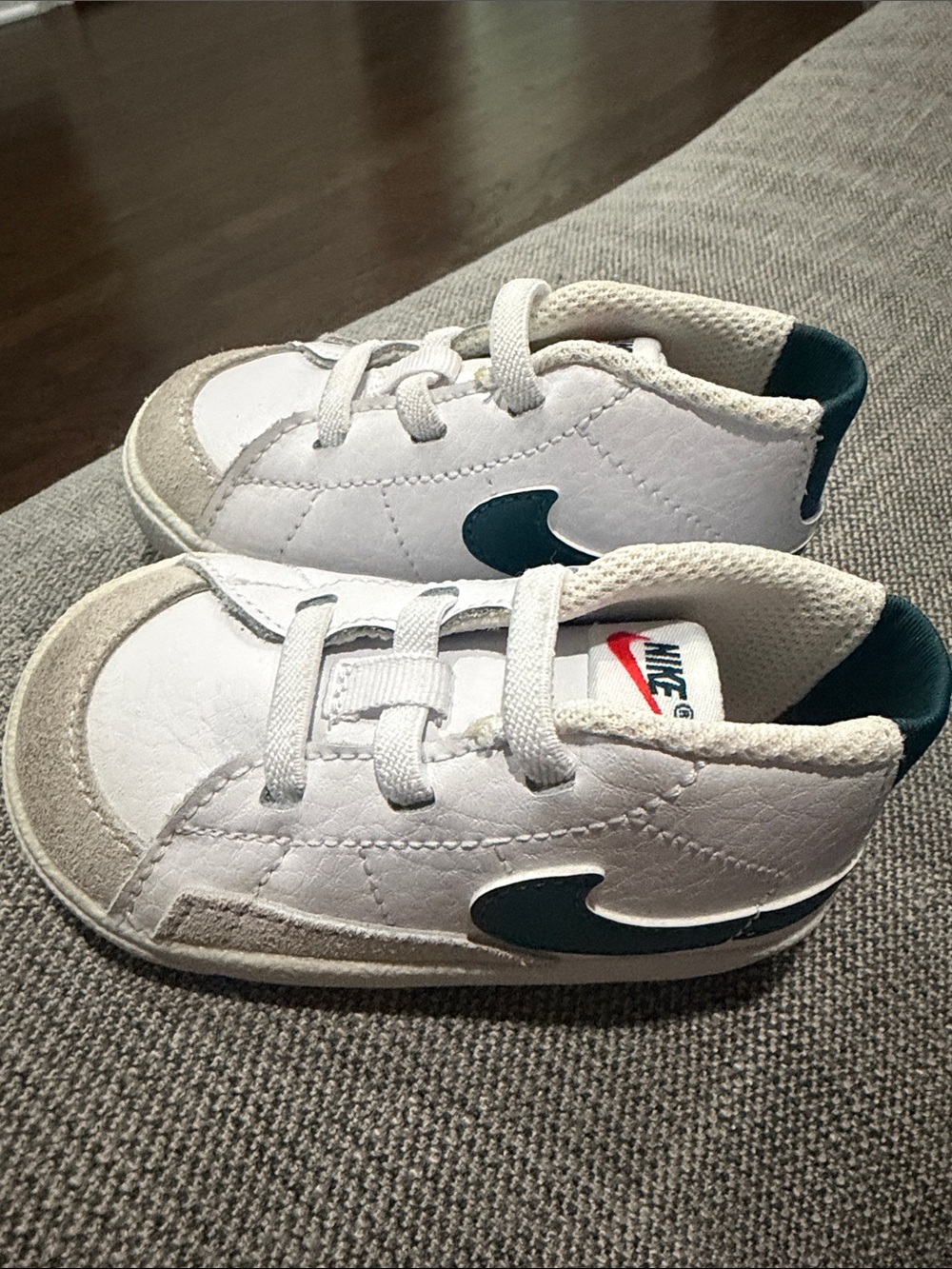 Nike Blazer Mid Crib Booties in the White/Dark Teal Green size 4C